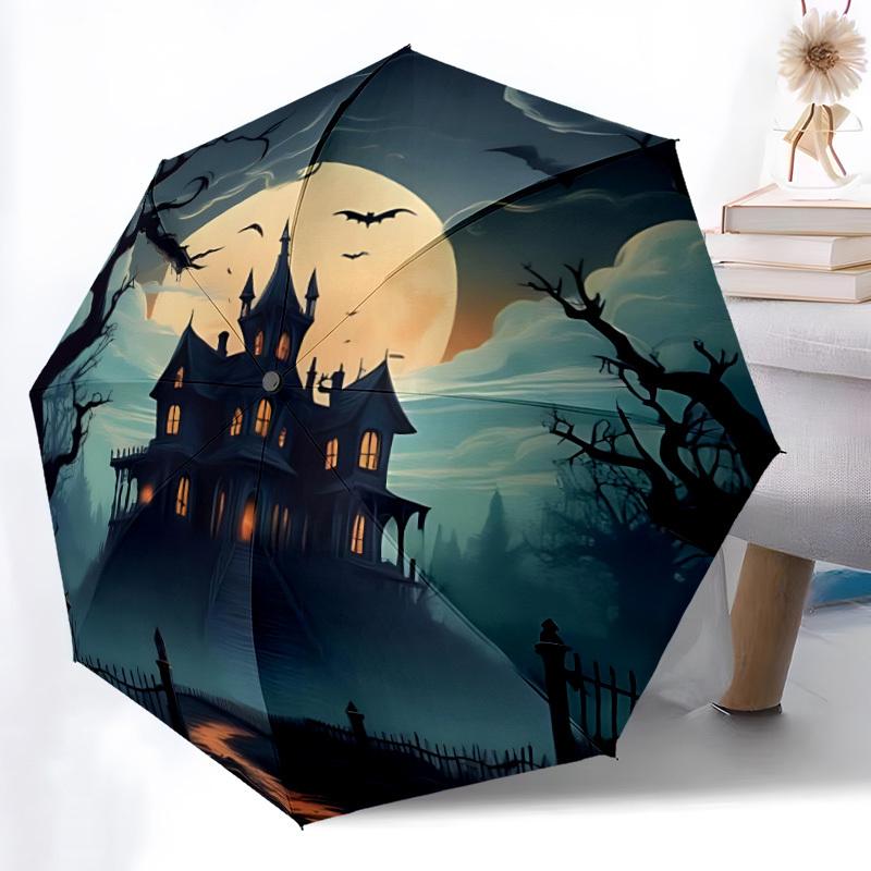 1pc Haunted House Moonlit Night Automatic Folding Umbrella, Lightweight Retractable Compact Travel Umbrella, 8-Rib Sturdy Frame, Fine Outdoor Umbrella