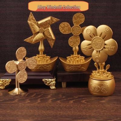 Golden Alloy Rotating Windmill Treasure Bowl: Creative Metal Wealth Ornament