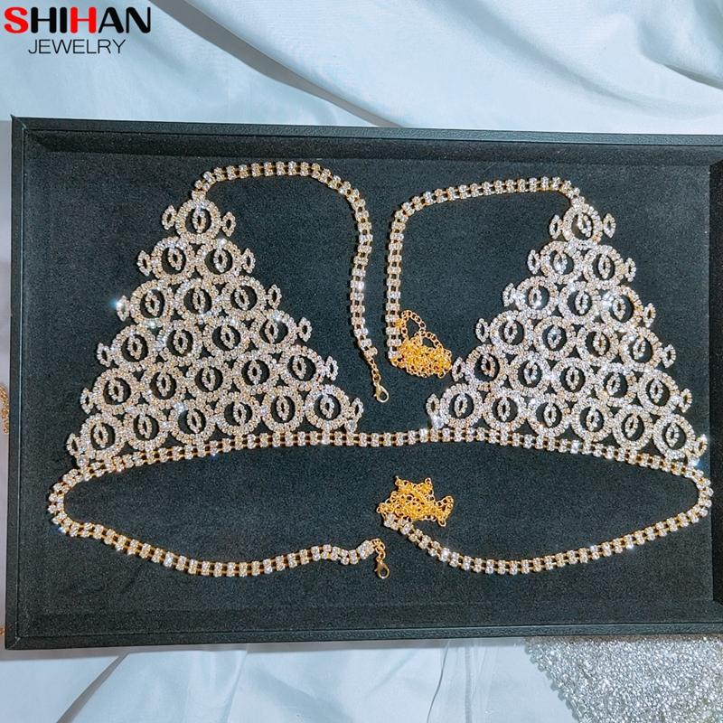 Rhinestone Bra Body Chain Jewelry Set Crystal Body Bra and Thong Waist Chain Set