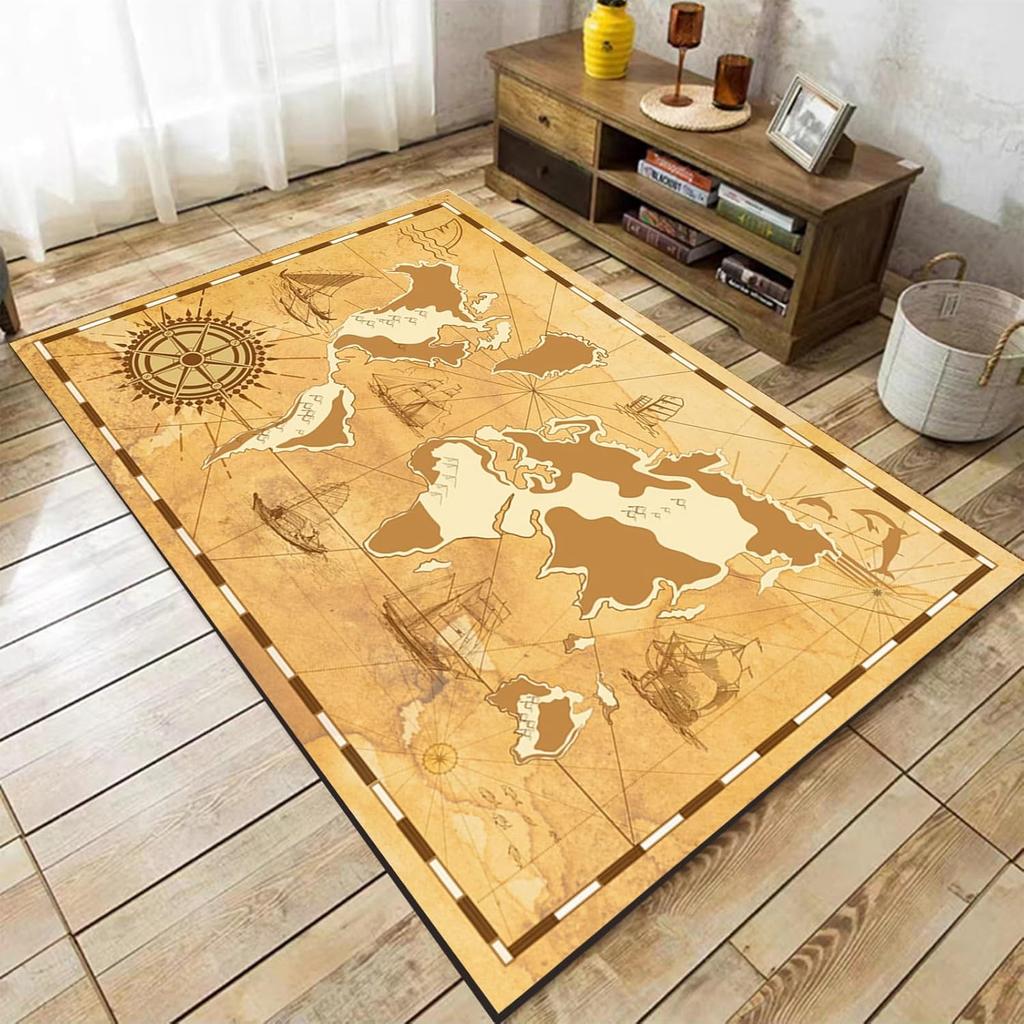 Vintage Nautische Teppiche Küsten-Teppiche Meeresabenteuer Segelboot und Schiff Anker Rad Kompass Bereichsteppich, für Wohnzimmer Schlafzimmer