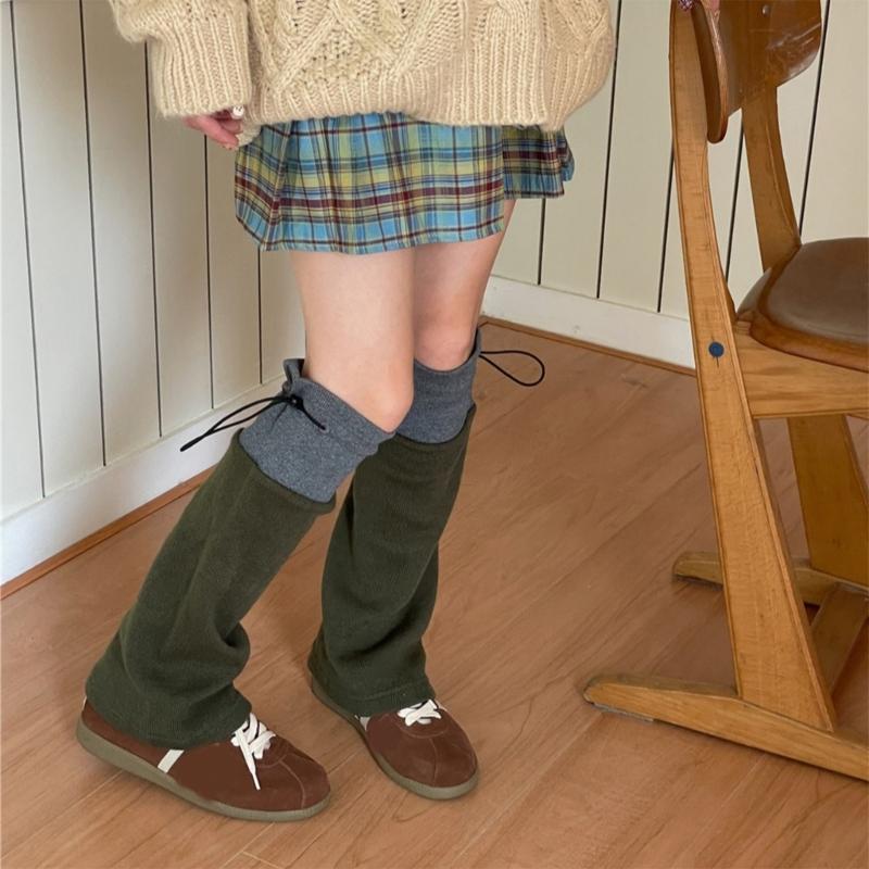 Winter Autumn Knitted Drawstring Leg Warmer Gothic Colorblock Foot Covers Flared Hem Loose Knee High Socks for Women
