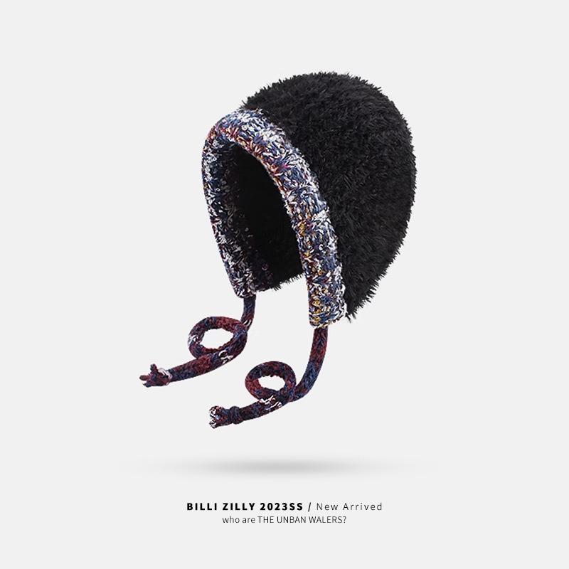 Autumn and Winter Plush Hat Women's New Big Head Circumference Warm Wool Hat Knitted Drawstring Headhat Thickened In Winter