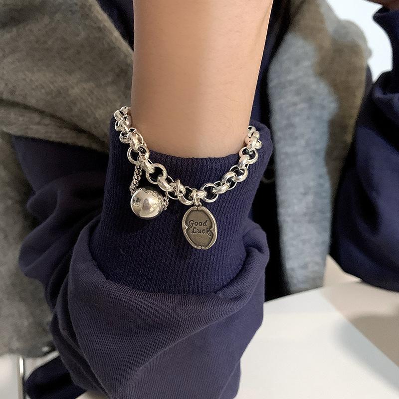 PANJBJ 925 Silve Beads Letters Bracelet for Women Girl Gift Punk Good Luck Simplicity Jewelry