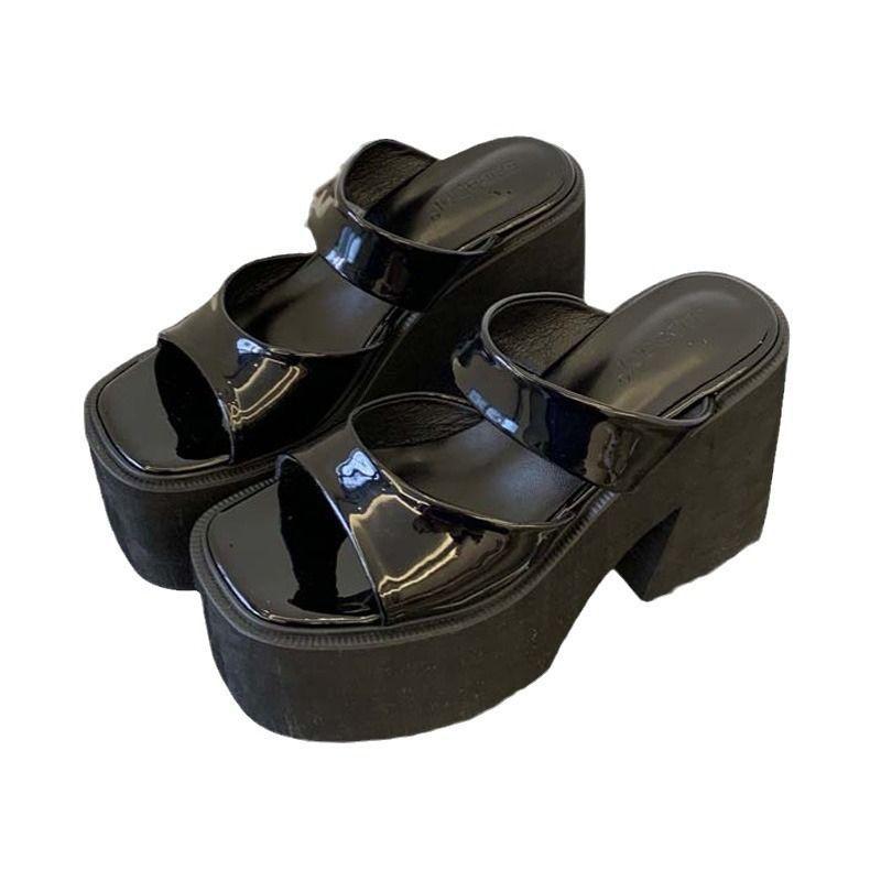 Sandale cu toc pană super înalt de 11 cm, sandale cu înălțime mică, impermeabile, cu talpă groasă tip platformă, din piele lăcuită, pantofi de damă la modă, de celebritate pe internet