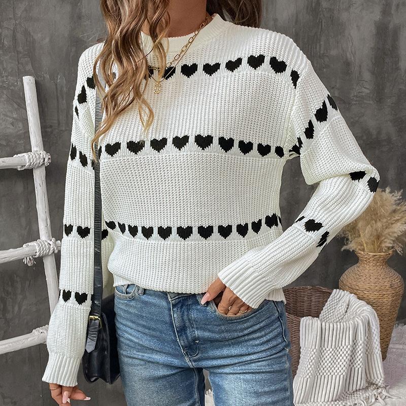 Neuer Herbst- und Winter-Valentinstag-Strickpullover im süßen Stil, lockerer Rundhals-Jacquard-Pullover mit Herzmuster für Damen