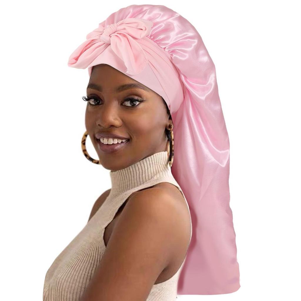 Bowknot Long Tail High Elastic Satin Sleep Cap and Bath Cap