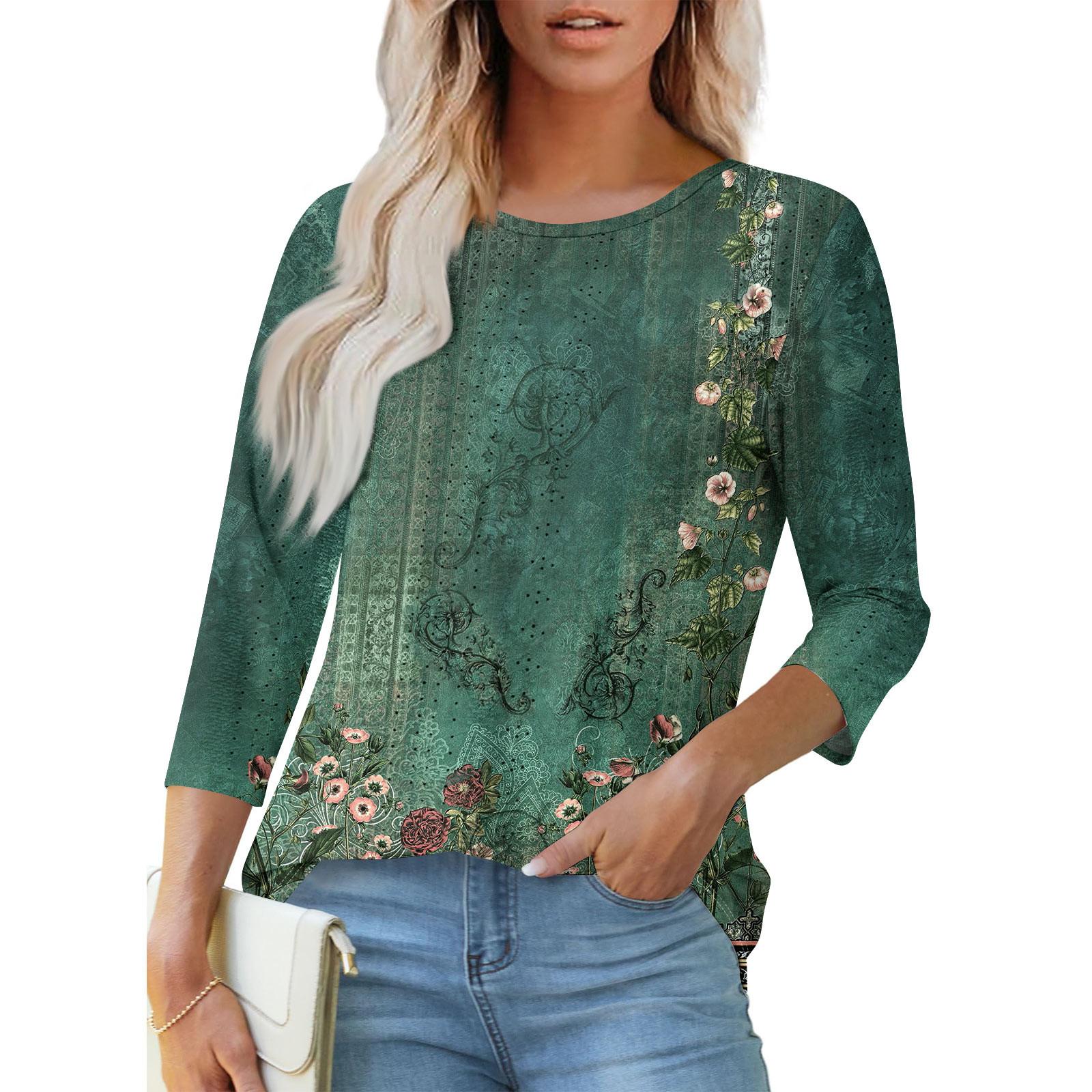 

Женские футболки Элегантные повседневные рубашки с принтом Короткие рукава Летние топы Свободный крой XL зелёный