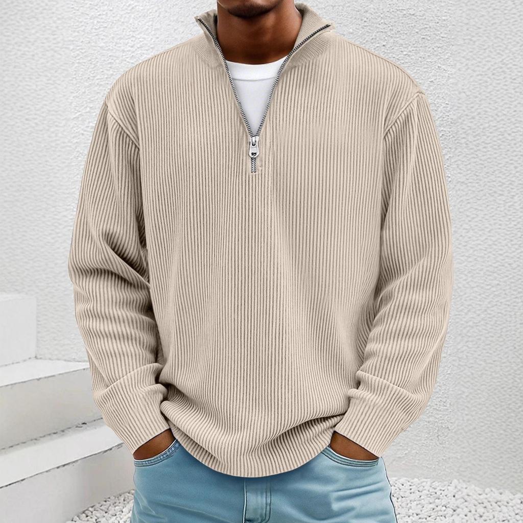 Men's 2025 European Autumn Corduroy Pullover Hoodie with Stand Collar and Zipper, Long Sleeve.