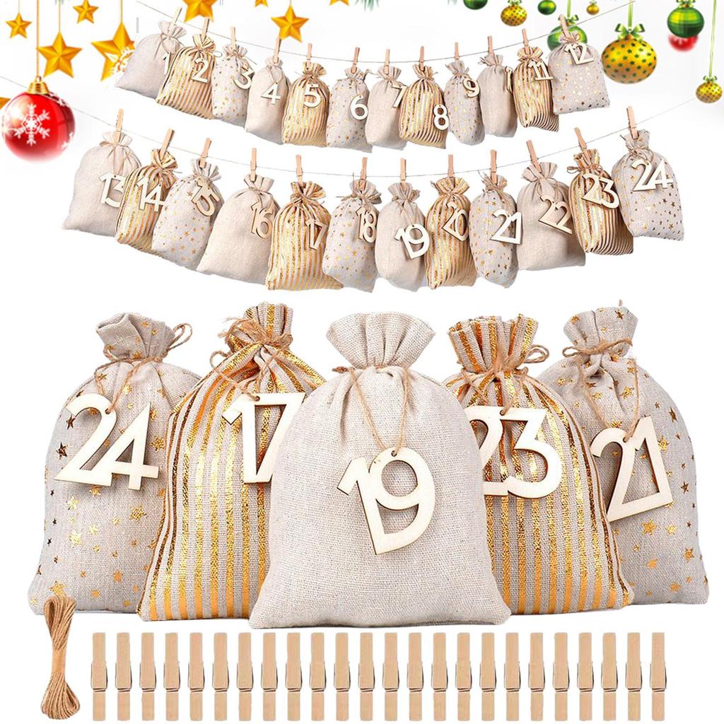 24pcs Advent Calendar gift Bags Candy Bag Winter Christmas With Numbers Bags Christmas Decorations gift for kids party