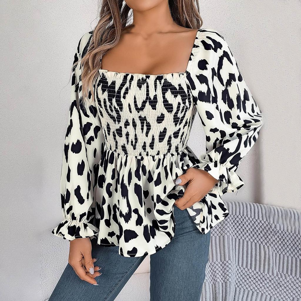 Fall And Winter Women's Casual Ruffled Square Collar Leopard Print Long-sleeved Chiffon Shirt