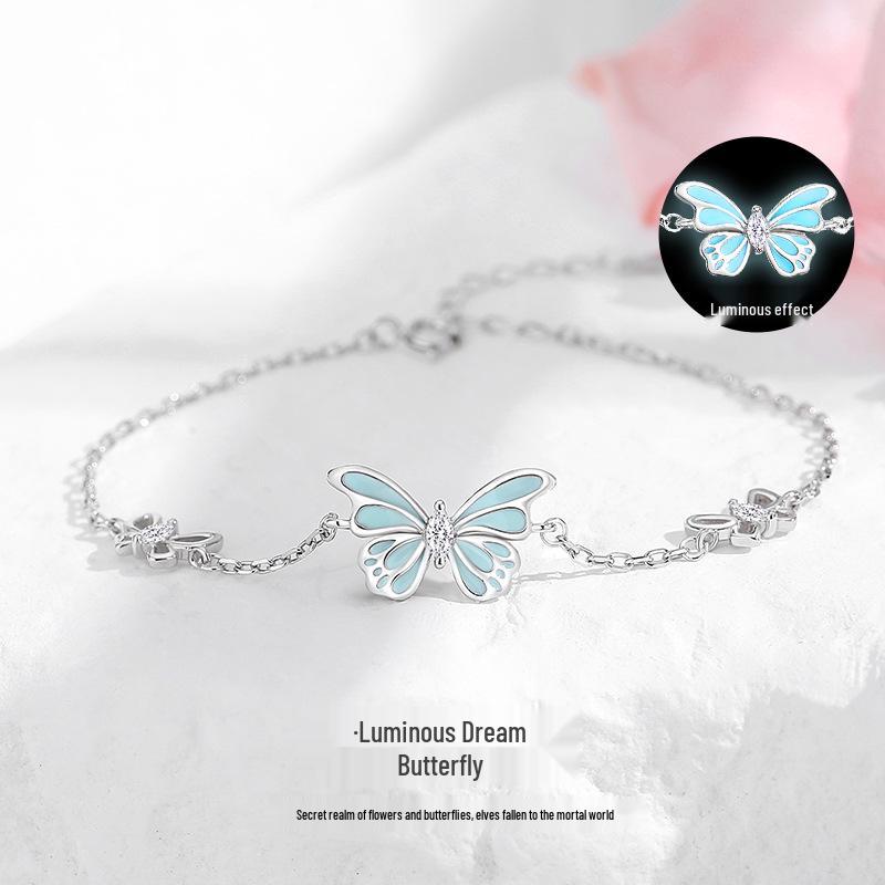 Tichia S925 Sterling Silver Luminous Enamel Butterfly Necklace for Women - Original Design Clavicle Chain