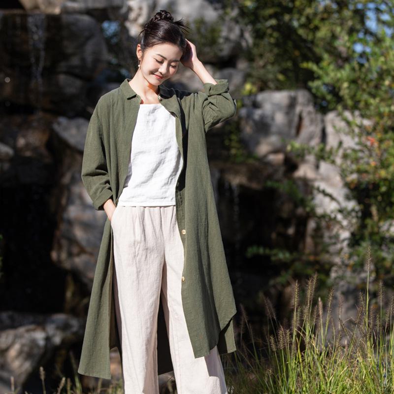 2026 Spring Women's Artistic Sand-Washed Cotton Linen Lapel Long Coat - Loose, Slimming Outerwear Cardigan
