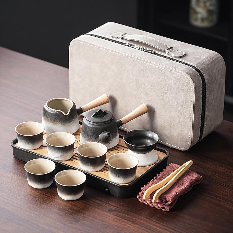 Household kung fu tea set black and white gradual change retro tea tray gift box set