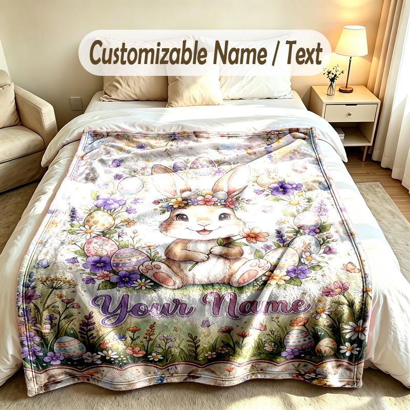 Easter Bunny Theme Soft Blanket Personalized Custom Name Text Print Warm Blanket Home Sofa Bedroom Decor