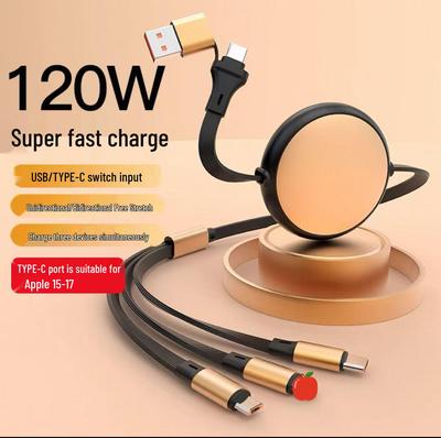 100W Three-in-One Retractable Fast Charging Cable for Type-C, Android & Apple Devices