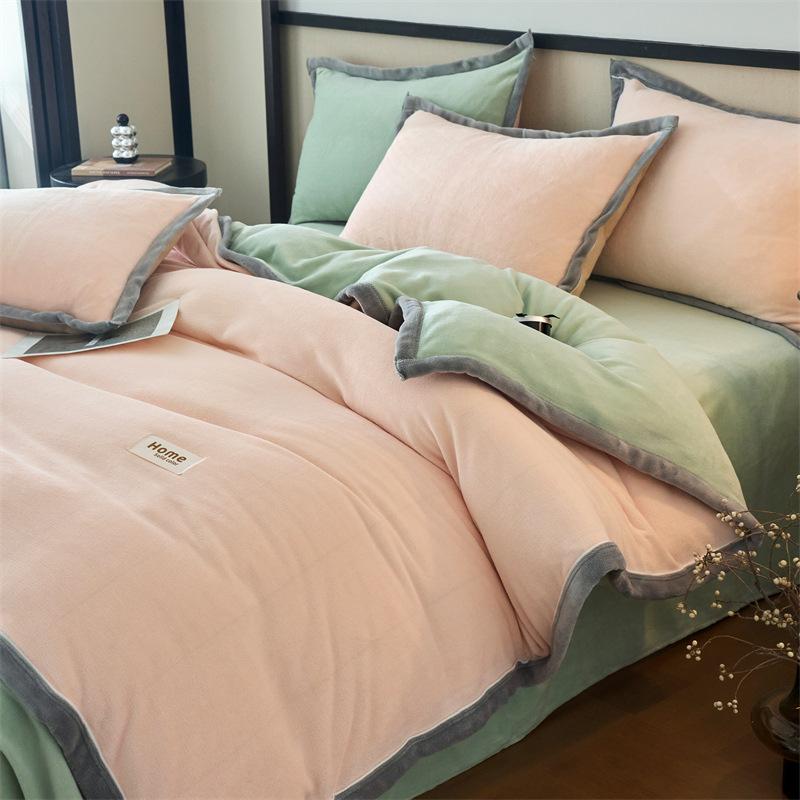 Thickened Milk Fleece Four-Piece Set, Button Coral Fleece Quilt Cover, Bed Three-Piece Set, Fleece Sheet Quilt Cover