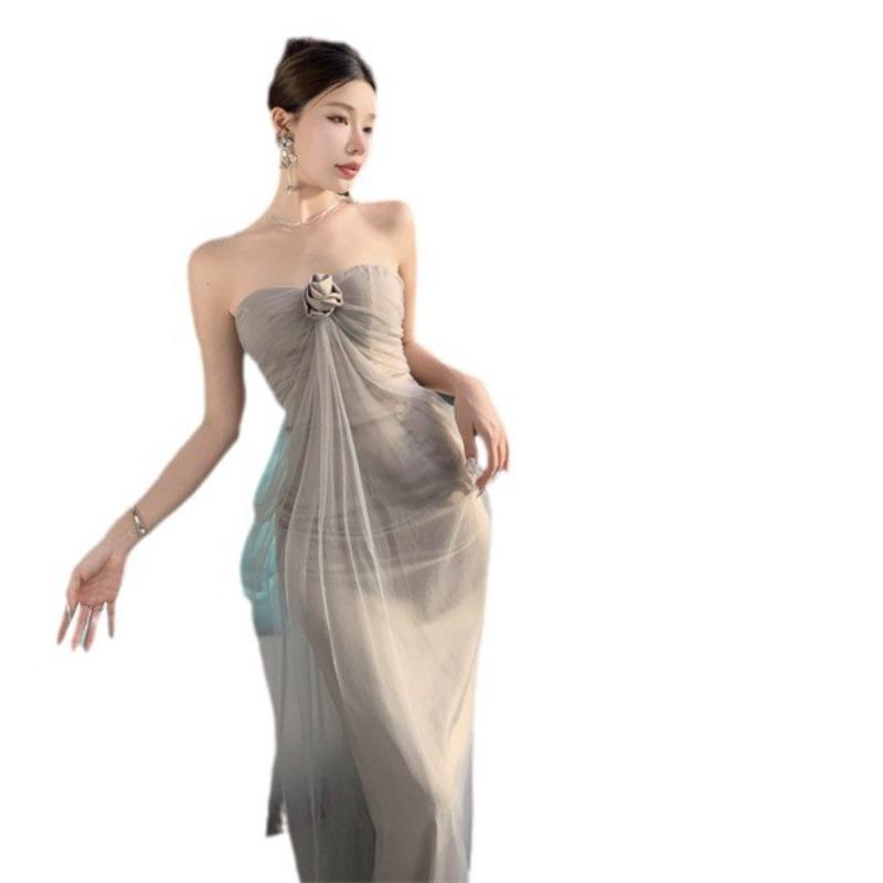 Fairy Temperament Mesh One-word Shoulder Tube Top Dress Fairy Summer Seaside Vacation Beautiful Long Dress