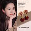 18k Gold-Plated Camellia Resin and Zirconia Red Stud Earrings for Women, Light Luxury Design