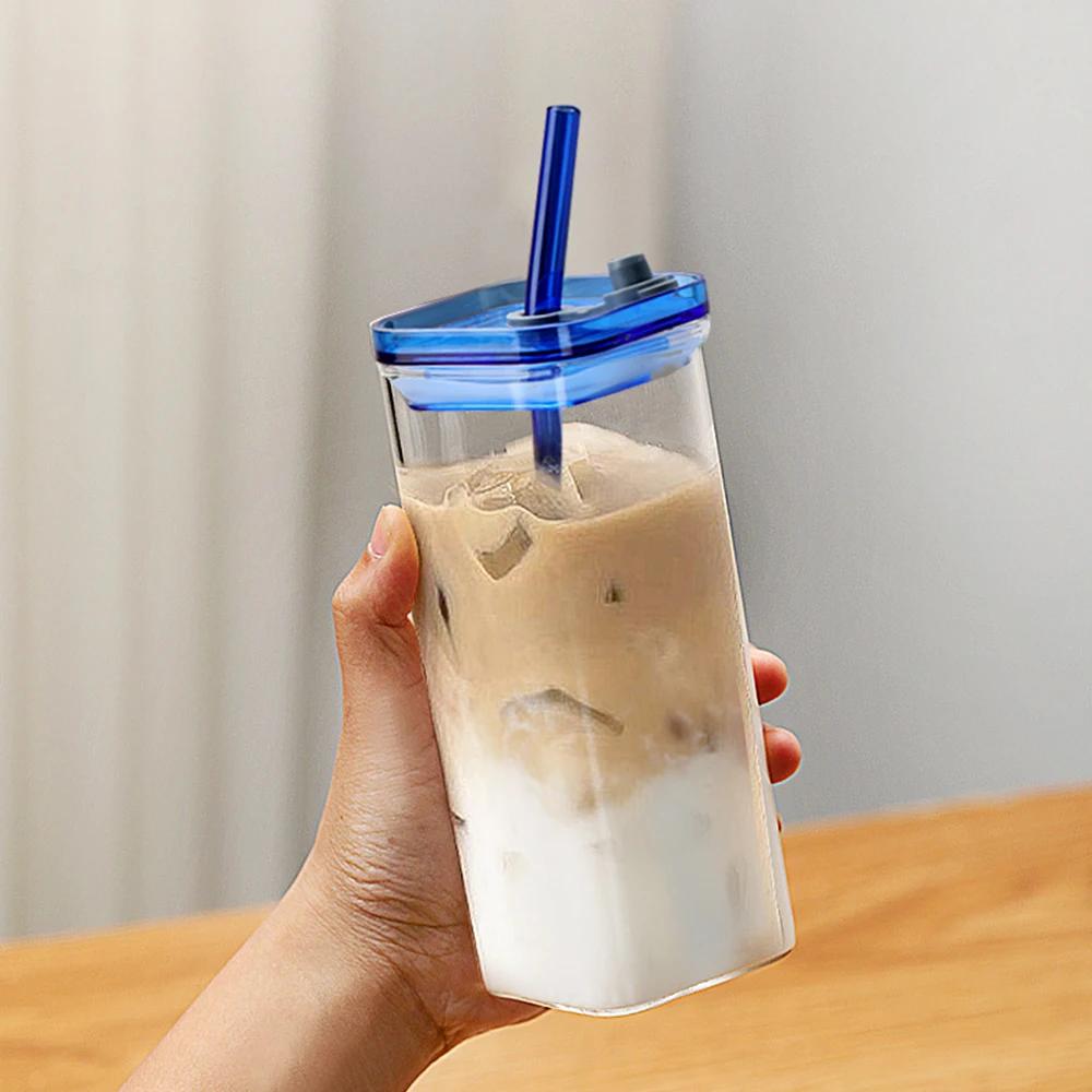 350ml Square Coffee Glass Cup With Lid and Straw Heat Resistant Ice Coffee Mug Breakfast Milk Cup Transparent Beer Cup Drinkware