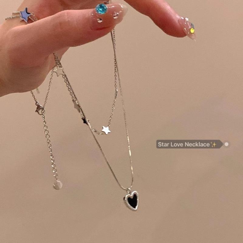 Sweet and Cool Star Fringe Heart Necklace - Women's Luxury Small-Scale Exclusive Collar Chain - Sophisticated Design - High-End Neck Chain