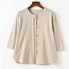 Johnature Women Knitted T-Shirts Solid Color O-Neck Spring Seven Sleeve Button Fold Casual T-Shirts