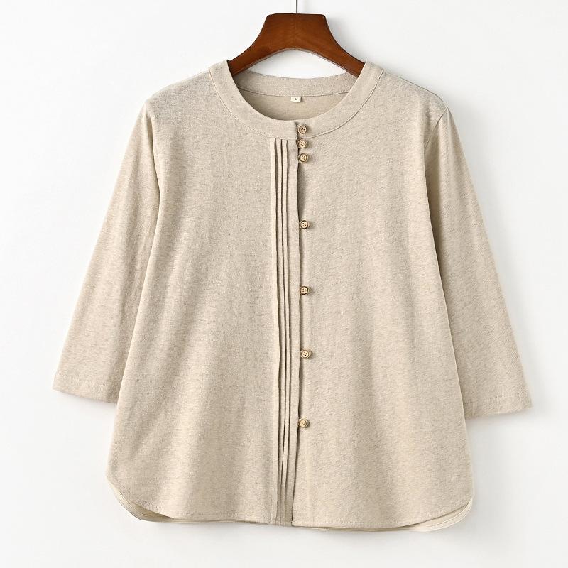 Johnature Women Knitted T-Shirts Solid Color O-Neck Spring Seven Sleeve Button Fold Casual T-Shirts