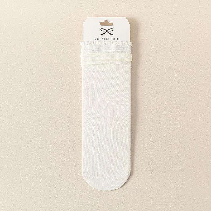 Ladies Spring and Autumn Wood Ear Lace Sports Solid Color Preppy Style Boneless Mid Barrel Pile Cotton Socks