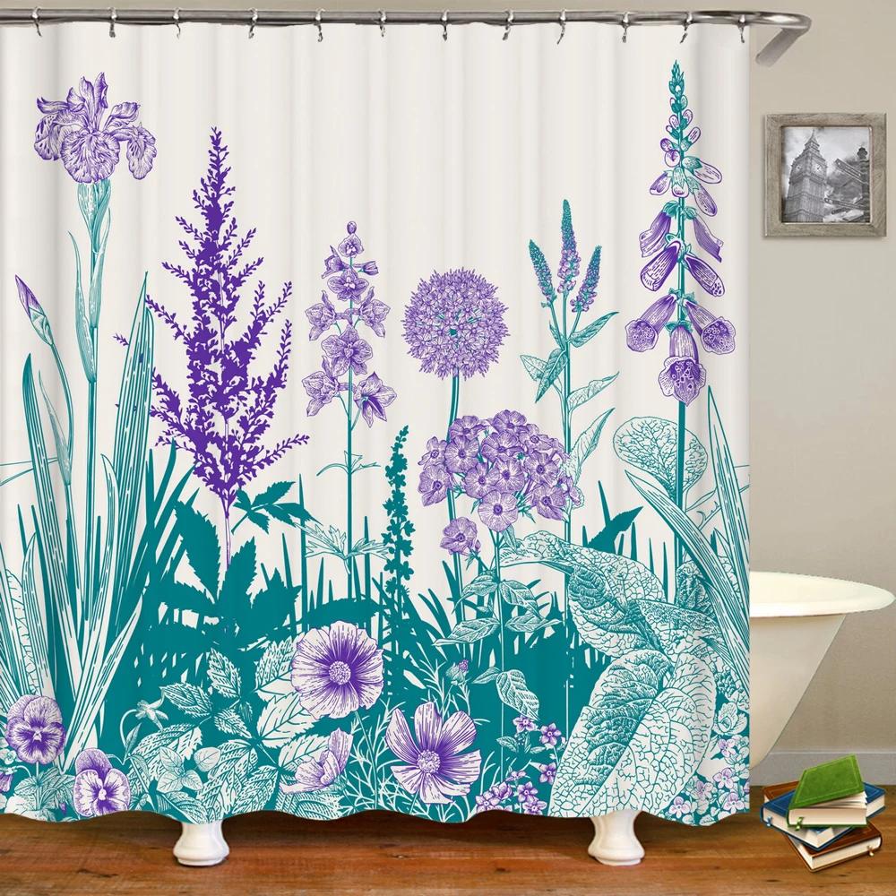 Waterproof Fabric Shower Curtain Colorful Flowers Pattern Printed Shower Curtains With 12 Hooks Multi-size Bath Screen