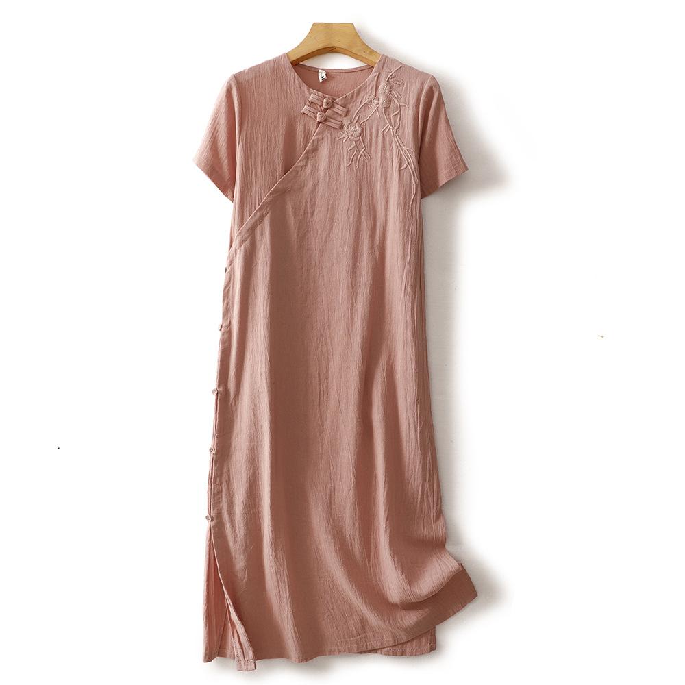 

2025 лето новый боковой разрез застежка-пуговица улучшенное платье ципао женское свободное и стройнящее однотонное с круглым вырезом и короткими рукавами 2XL