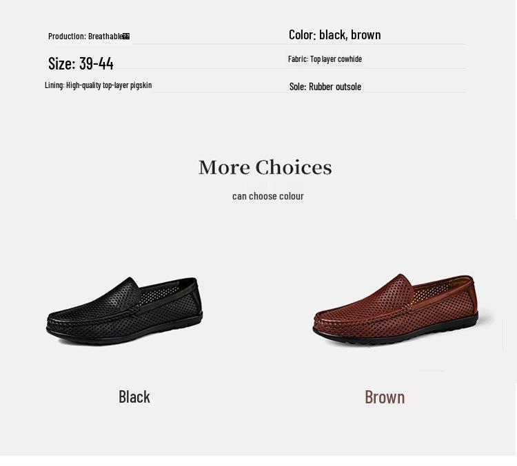 Men's Hollow Leather Slip-On Loafers - Breathable, Summer, Low-Top Flats, Large Size Cowhide Casual Shoes