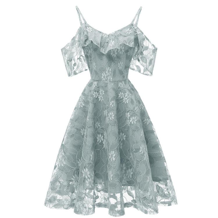 Bright Deer Women Cold Shoulder Bridesmaid Dress Floral Crochet Lace Ruffle Cami Strap Midi Dress for Wedding Evening Formal Party Cocktail Occasions