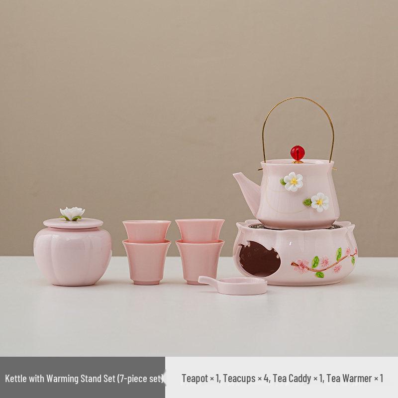 Women's Pink Ceramic Gongfu Tea Set with Teacup, Saucer, and Floral Handle Pot