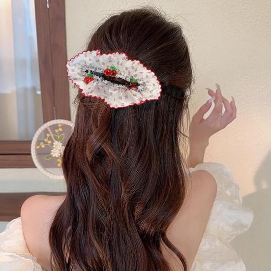 Hair Pin Strong Clamping Force Transparent Mesh Lace Clip with Cherry Decoration Half-Tied Hair Buns Side Hair Accessory