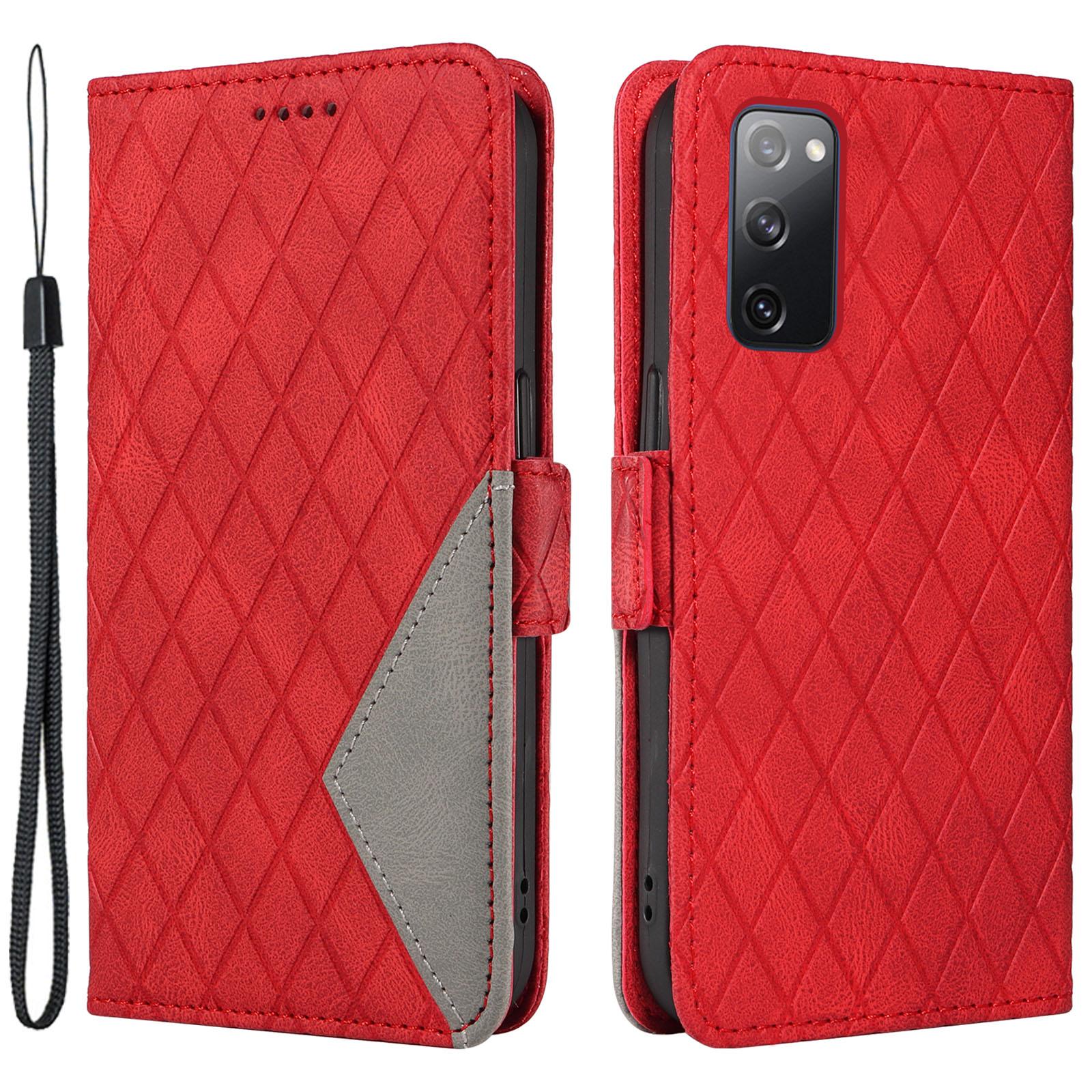 

For Samsung Galaxy S20 FE/S20 FE 5G/S20 FE 2022/S20 Lite Color Splicing Leather Case Rhombus Imprinted Wallet Stand Phone Cover Red