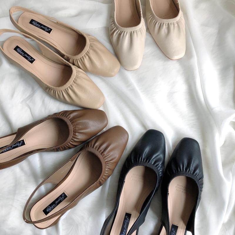 Fashion Designer Woman Pleated Slingback Sandals Solid Leather Round Low Heels Shoes Ladies Summer Rear Strap Flipflops Femmes Sandalias