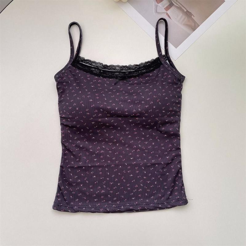 Women's Lace Trim Camisole with Built-in Bra, Floral Print Summer Sleeveless Crop Top, Stretchy Viscose Tank, Adjustable Straps, Slim Fit All Sizes