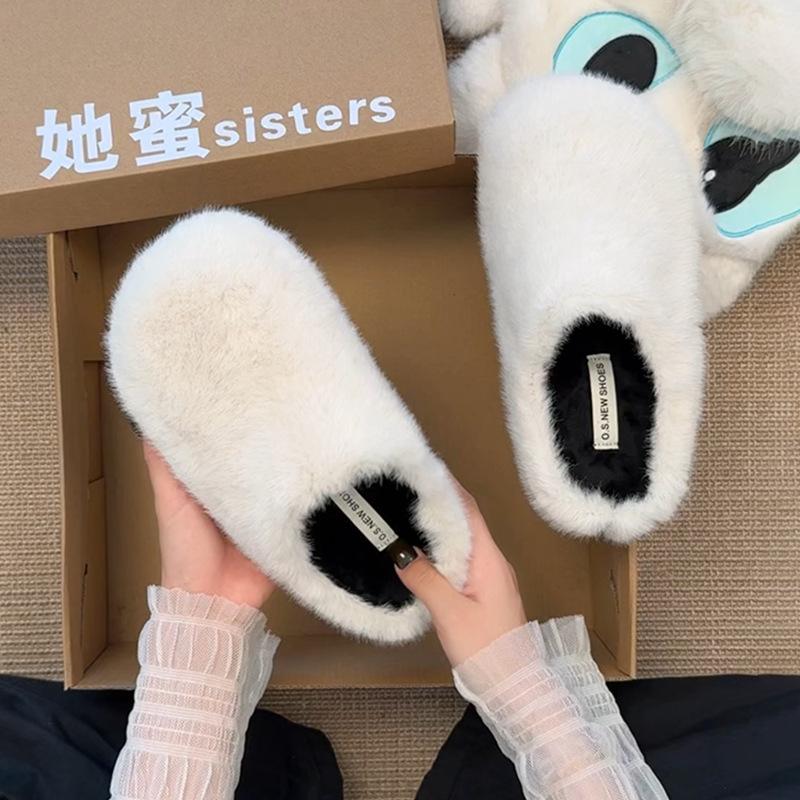 Baotou Wears a Pedal Outside, Flat-bottomed Lazy Cotton Slippers, Women's 2025 Autumn New Casual and Comfortable Fluffy Half Slippers