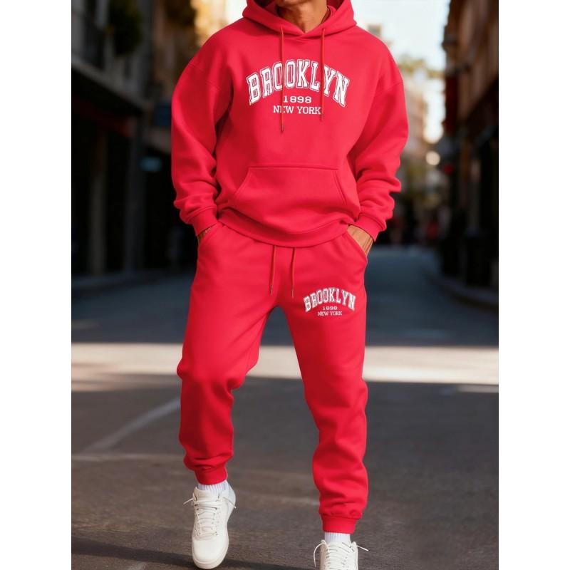 Mens Hooded Sweatshirt Tracksuit 2 Piece Set Letter Print Casual Warm Sportswear