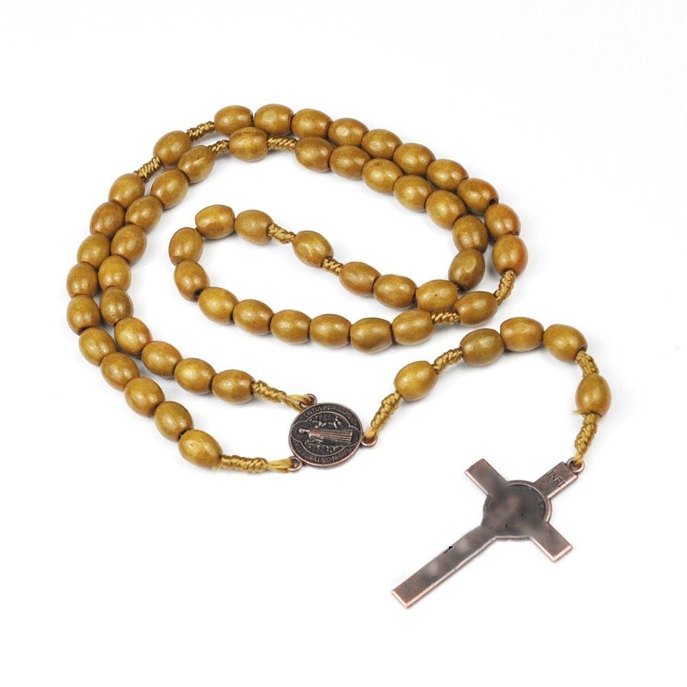 Wood Wood Beads Necklace Car Hanging Ornament Crucifix Pendant Chain Handmade Rosary Necklace  Men