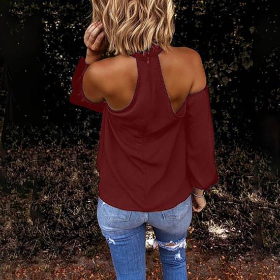 Women Solid Color Long Sleeve Sexy Halter Off Shoulder Back Zipper Blouse Top