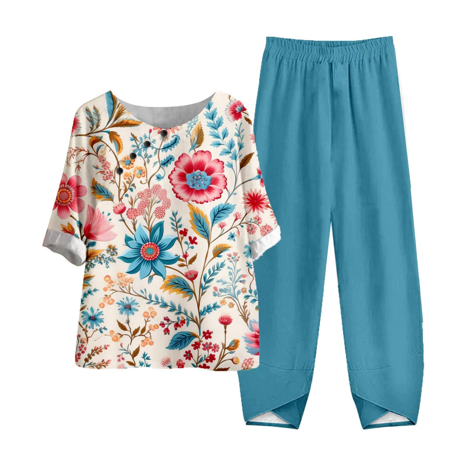 

Женские летние топы с короткими рукавами и принтом, эластичная талия, брюки из девяти предметов, комплект из двух предметов XXXL