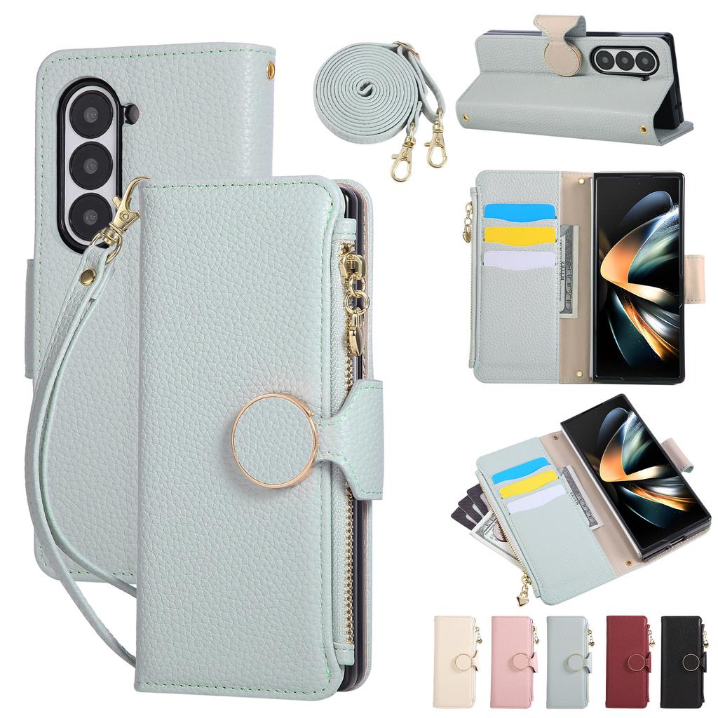 Applicable to Samsung Z Fold7 mobile phone leather case Z Fold5 folding mobile phone lychee pattern zipper wallet oblique span case