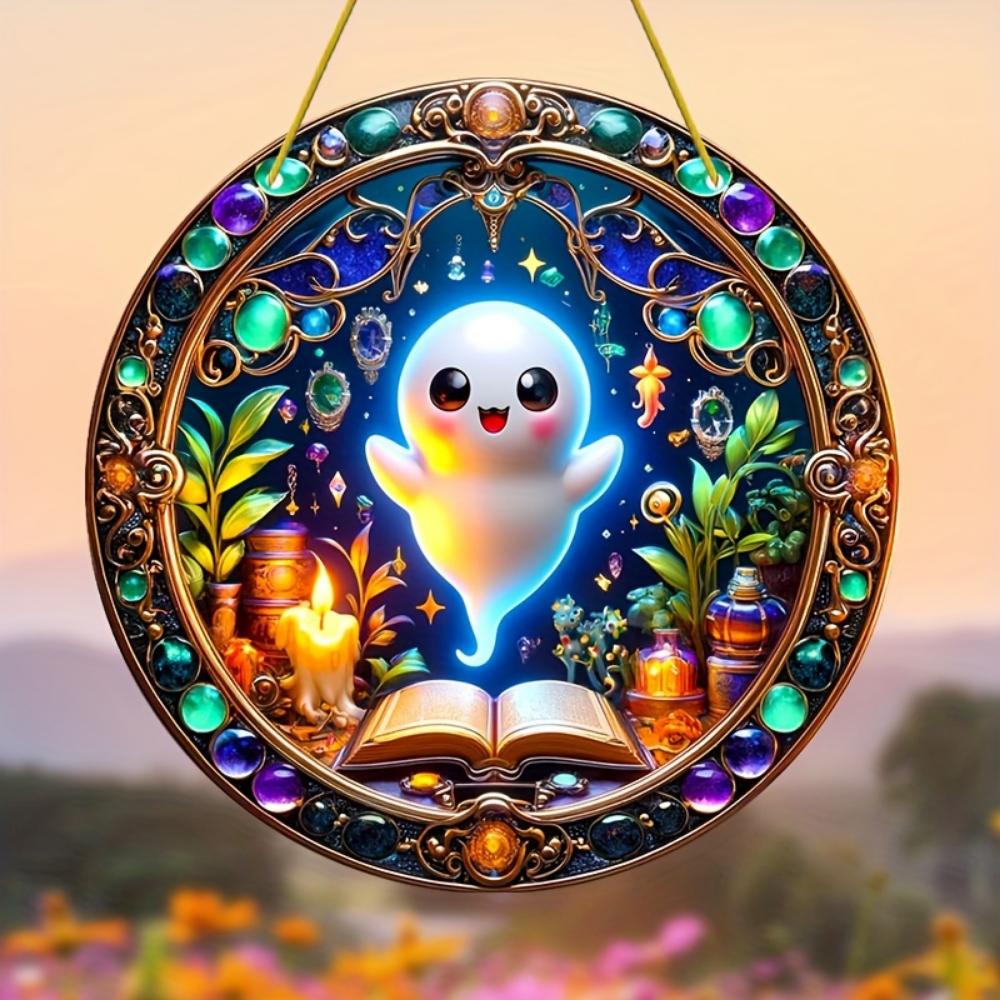 Halloween Acrylic Flat 2D Decoration with Cartoons, Witch Hats and Colorful Flower Pendants - Gifts for Family , for Homes, Gardens and Courtyards