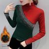 Camiseta Base de Manga Larga con Bloques de Color, Pedrería y Cuello Semi Alto, Forrada de Forro Polar para Mujer - Moda Otoño/Invierno 2025.