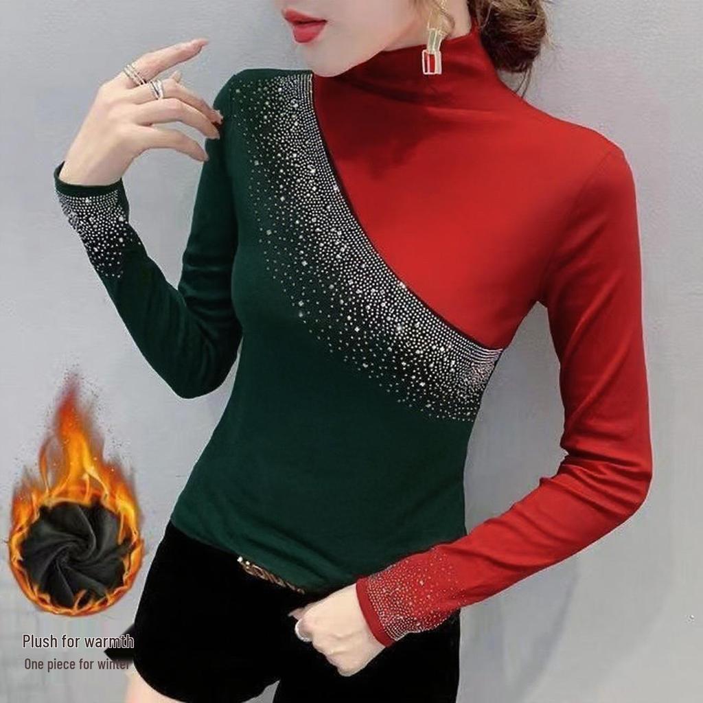 Camiseta Base de Manga Larga con Bloques de Color, Pedrería y Cuello Semi Alto, Forrada de Forro Polar para Mujer - Moda Otoño/Invierno 2025.