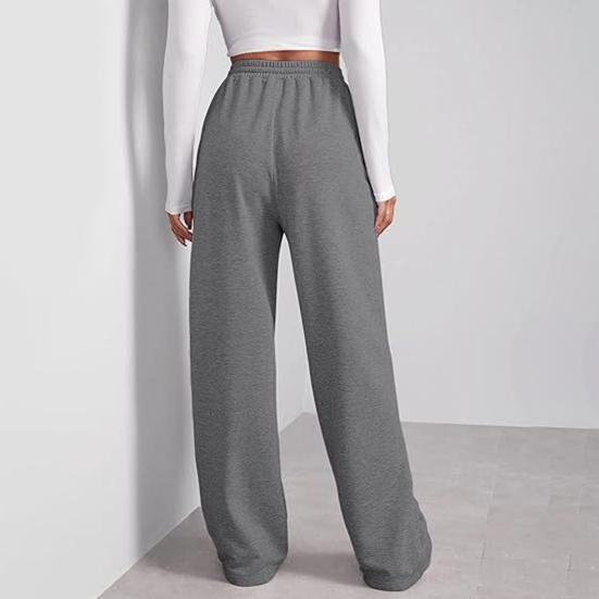 Women Wide Leg Pants Elastic High Waist Adjustable Drawstring Pure Color Long Sweatpants with Pockets Casual Lounge Pants Daily Wear