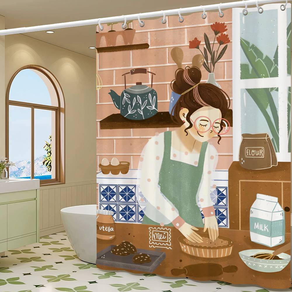 Söta Duschdraperier för Kökstjejer 180cm Polyester Modern Stil Badrumsgardin Med Krokar Vattentätt Roligt Duschdraperi