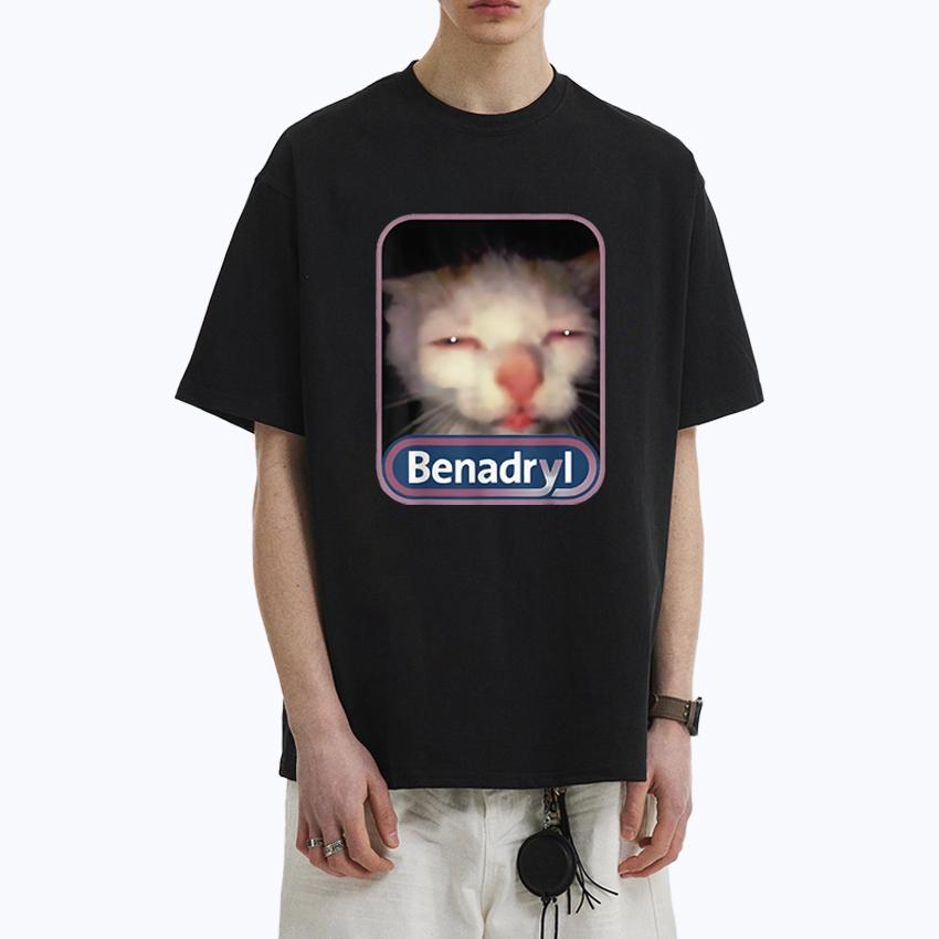 Hot Cute Kawaii Benadryl Meme Cat Funny Oversized T-Shirt Hip Hop 100% Cotton Men Women Unisex streetwear short sleeve t-shirts