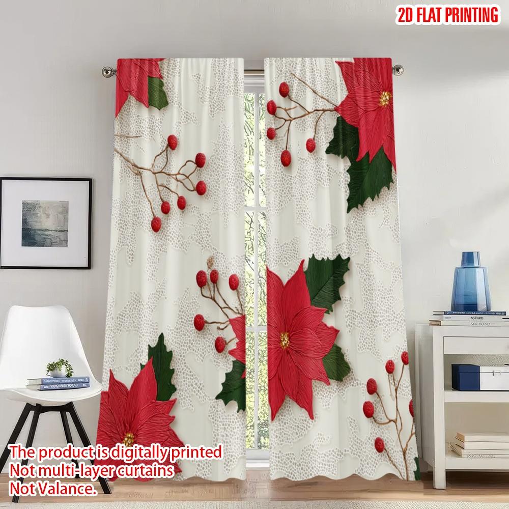 

2pcs 2D flat printing Christmas Classic Hot Curtains Christmas Poinsettia Holly Berries_e Digital Printed Polyester Drapes 100*130 HOOK 1pcs