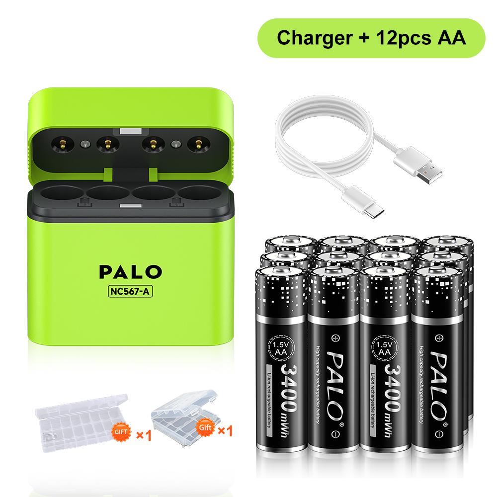 PALO Baterii Reîncărcabile AA 1.5V Litiu 3400mWh 1.5V Li-ion Baterie AA Cutie Încărcător Inteligent cu cablu de date TYPE-C